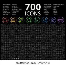 Set of 700 Minimal Universal Isolated Modern Simple Elegant Neon Color Thin Line Icons on Circular Buttons on Black Background.