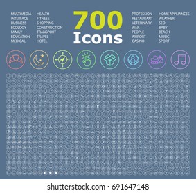 Set of 700 Minimal Universal Isolated Modern Elegant White Thin Line Icons on Circular Buttons on Colour Background