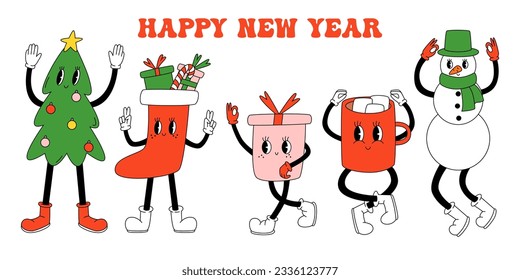 Set 70s, 80s groovy hippie characters. Christmas tree, sock with gift box, mug with cocoa and marshmallow, snowman, gift box characters. Christmas holiday, happy new year. Vector cartoon illustration.