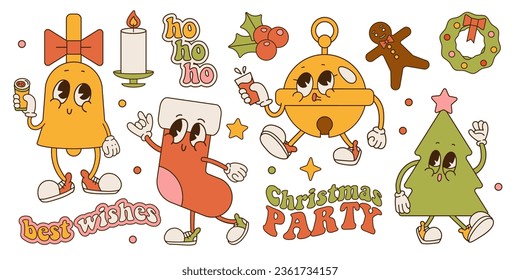 Set of 70s, 80s groovy hippie characters. Christmas tree, bell, ladybell, stocking characters. Christmas party vintage elements collection. Vector retro cartoon illustration.