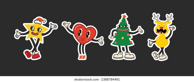 Set of 70s, 80s groovy hippie characters. Christmas tree, star, deer stocking characters. Christmas party vintage elements collection. Vector retroillustration.