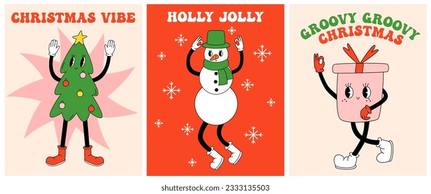 Set 70s, 80s groovy posters, retro print with hippie christmas tree, snowman, gift box. Cartoon psychedelic landscape, vintage funky print. Christmas vibe, holly jolly, groovy christmas text.