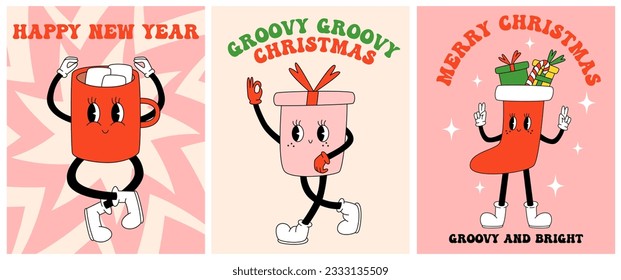 Set 70s, 80s groovy posters, retro print with hippie mug with cocoa and marshmallow, sock with gift, gift box. Cartoon psychedelic landscape, vintage funky print. Happy new year, merry christmas text.