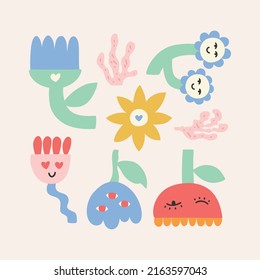 Set of 70s abstract flowers. Cute vector drawings isolated on beige background.