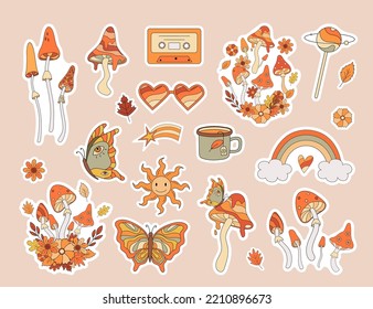 Set of 70s autumn vibe stickers. Retro mushroom, rainbow, glass, butterfly, sun, flowers in hippy style. Vintage psychedelic groovy vector illustration.