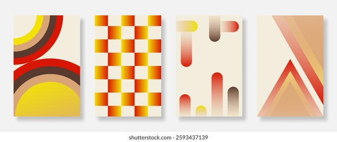 Set of 70s color gradient poster and cover background. Collection of goovy, trippy, geometric shapes. Suitable for banner and card. Vector illustration