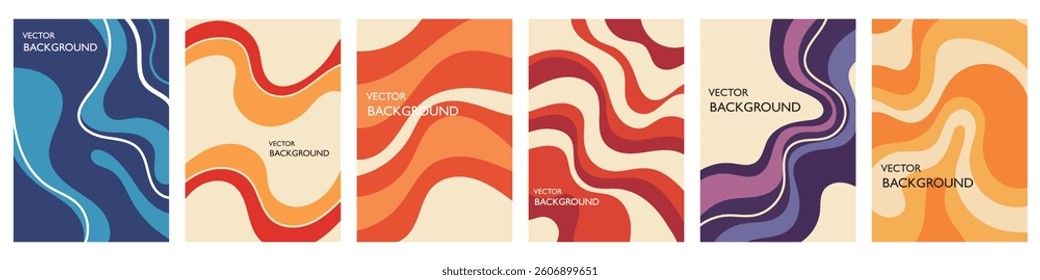 Set of 70s Color Poster Backgrounds . Set of Retro Wall Art, Geometric Shapes with Lines