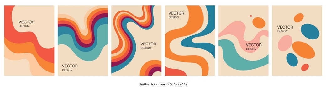 Set of 70s Color Poster Backgrounds . Set of Retro Wall Art, Geometric Shapes with Lines