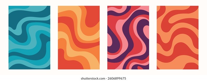 Set of 70s Color Poster Backgrounds . Set of Retro Wall Art, Geometric Shapes with Lines