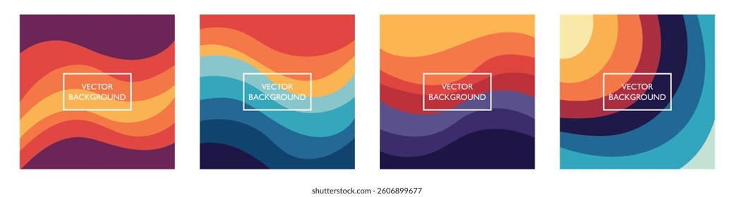 Set of 70s Color Poster Backgrounds . Set of Retro Wall Art, Geometric Shapes with Lines