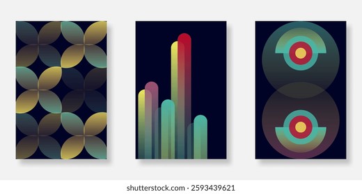 Set of 70s gradient poster design background. Retro groovy, trippy, geometric shape for banner, cover, flyer and card. Vector illustration
