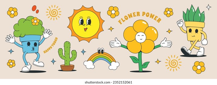 Conjunto de caracteres y elementos de groovy de los años 70. ilustración vectorial de colección de plantas