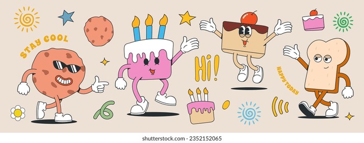 Set of 70s groovy character and element. cake collection, birthday cake, white bread, biscuits. vector illustration