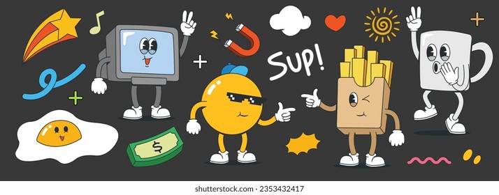Set of 70s groovy character and element. relaxing collection vector illustration.