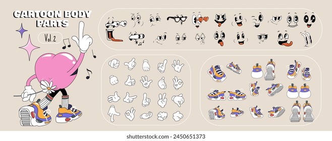 Set of 70s groovy comic elements. Collection of body parts cartoon character faces in different emotions, hand, glove, shoes sneakers. Cute retro groovy hippie illustration for decorative, sticker.