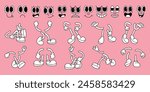Set of 70s groovy comic faces vector. Collection of cartoon character faces, leg, hand in different emotions happy, angry, sad, cheerful. Cute retro groovy hippie illustration for decorative, sticker