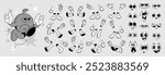 Set of 70s groovy comic faces vector. Collection of cartoon character faces, leg, hand in different emotions happy, angry, sad, cheerful. Cute retro groovy hippie illustration for decorative, sticker.