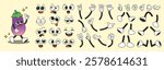 Set of 70s groovy comic faces vector. Collection of cartoon character faces, leg, hand in different emotions happy, angry, sad, cheerful. Cute retro groovy hippie illustration for decorative, sticker.