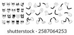 Set of 70s groovy comic faces vector. Collection of cartoon character faces, leg, hand in different emotions happy, angry, sad, cheerful. Cute retro groovy hippie illustration for decorative, sticker