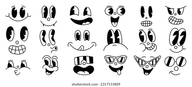 Set of 70s groovy comic faces vector. Collection of cartoon character faces, in different emotions, happy, angry, with sunglasses. Cute retro groovy hippie illustration for decorative, sticker.