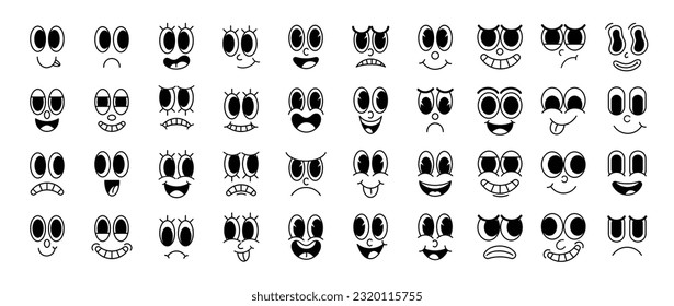 Conjunto de vectores de rostros de cómico groovy de los años 70. Colección de caras de personajes de caricatura, en diferentes emociones, felices, enojados, tristes, alegres. Ilustración hippie retro grullosa para decorativo, pegatina.