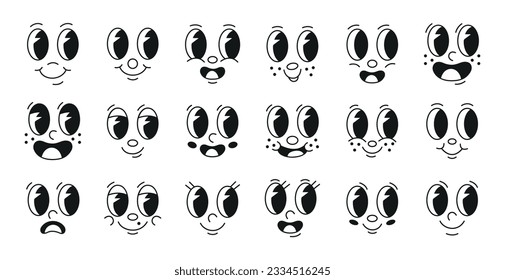 Set of 70s groovy comic faces vector. Collection of cartoon character faces, in different emotions, happy, angry, sad, cheerful. Cute retro groovy hippie illustration for decorative, sticker