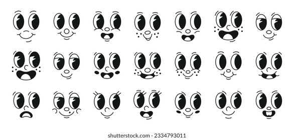 Set of 70s groovy comic faces vector. Collection of cartoon character faces, in different emotions, happy, angry, sad, cheerful. Cute retro groovy hippie illustration for decorative, sticker