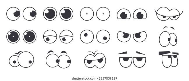 Conjunto de vectores de rostros de cómico groovy de los años 70. Colección de caras de personajes de caricatura, ojo en diferentes emociones feliz, enojado, triste, alegre. Ilustración hippie retro de groovía suave para decorativo, pegatina