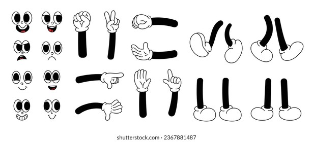 Set of 70s groovy comic faces vector. Collection of cartoon character faces, leg, hand in different emotions happy, angry, sad, cheerful. Cute retro groovy hippie illustration for decorative, sticker.