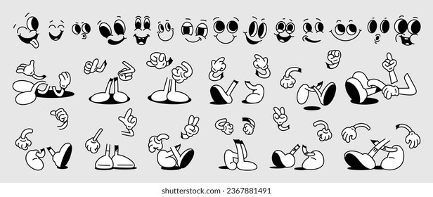 Conjunto de vectores de rostros de cómico groovy de los años 70. Colección de caricaturas, caras, pierna, mano en diferentes emociones felices, enojadas, tristes, alegres. Ilustración hippie retro grullosa para decorativo, pegatina.