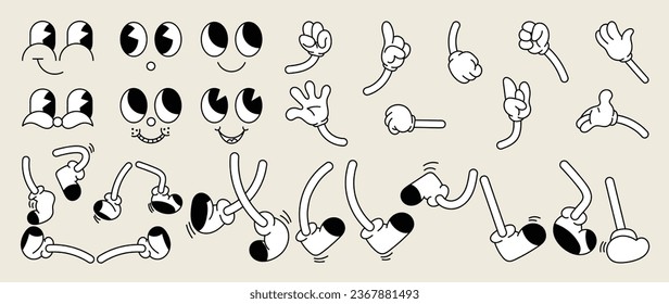 Set of 70s groovy comic faces vector. Collection of cartoon character faces, leg, hand in different emotions happy, angry, sad, cheerful. Cute retro groovy hippie illustration for decorative, sticker.