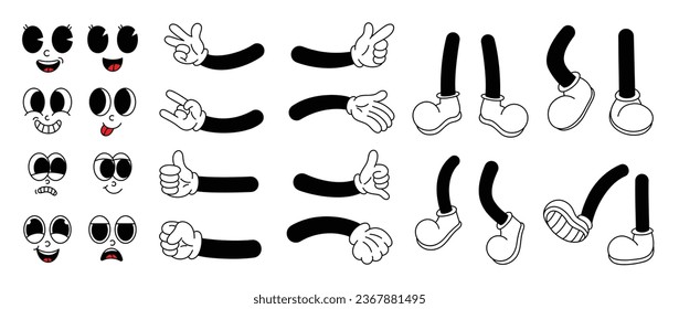 Set of 70s groovy comic faces vector. Collection of cartoon character faces, leg, hand in different emotions happy, angry, sad, cheerful. Cute retro groovy hippie illustration for decorative, sticker.