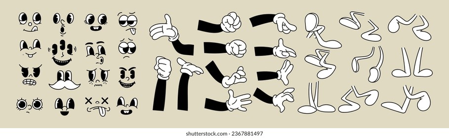 Set of 70s groovy comic faces vector. Collection of cartoon character faces, leg, hand in different emotions happy, angry, sad, cheerful. Cute retro groovy hippie illustration for decorative, sticker.