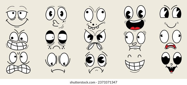 Set of 70s groovy comic faces vector. Collection of cartoon character faces, in different emotions, happy, angry, sad, cheerful. Cute retro groovy hippie illustration for decorative, sticker.