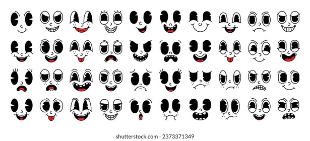 Set of 70s groovy comic faces vector. Collection of cartoon character faces, in different emotions, happy, angry, sad, cheerful. Cute retro groovy hippie illustration for decorative, sticker.