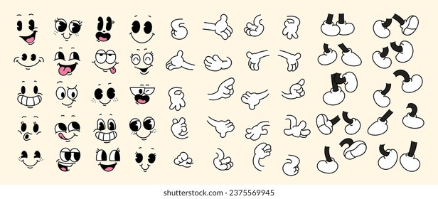 Set of 70s groovy comic faces vector. Collection of cartoon character faces, leg, hand in different emotions happy, angry, sad, cheerful. Cute retro groovy hippie illustration for decorative, sticker.