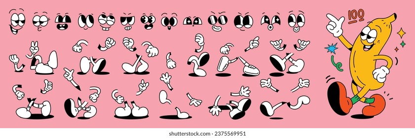 Set of 70s groovy comic faces vector. Collection of cartoon character faces, leg, hand in different emotions happy, angry, sad, cheerful. Cute retro groovy hippie illustration for decorative, sticker.