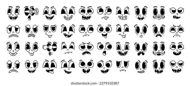 Set of 70s groovy comic faces vector. Collection of cartoon character faces, in different emotions, happy, angry, sad, cheerful. Cute retro groovy hippie illustration for decorative, sticker.