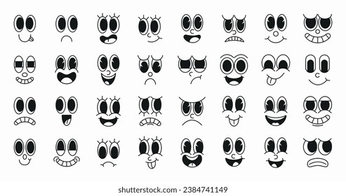 Set of 70s groovy comic faces vector. Collection of cartoon character faces, in different emotions, happy, angry, sad, cheerful. Cute retro groovy hippie illustration for decorative, sticker