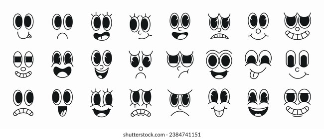 Set of 70s groovy comic faces vector. Collection of cartoon character faces, in different emotions, happy, angry, sad, cheerful. Cute retro groovy hippie illustration for decorative, sticker