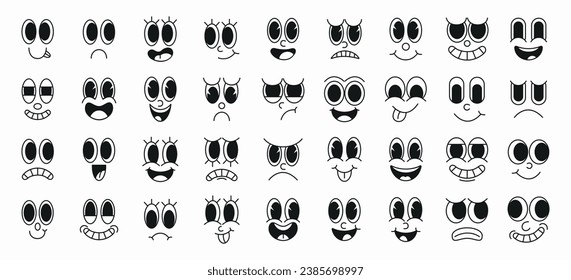 Set of 70s groovy comic faces vector. Collection of cartoon character faces, in different emotions, happy, angry, sad, cheerful. Cute retro groovy hippie illustration for decorative, sticker