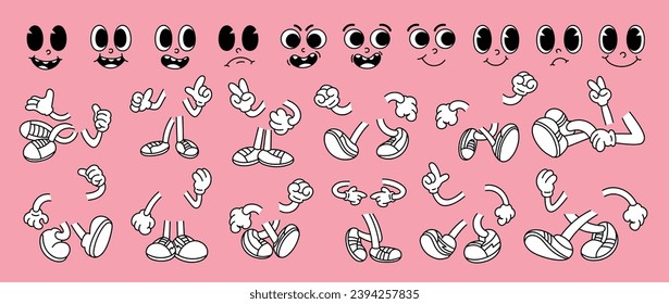 Set of 70s groovy comic faces vector. Collection of cartoon character faces, leg, hand in different emotions happy, angry, sad, cheerful. Cute retro groovy hippie illustration for decorative, sticker.