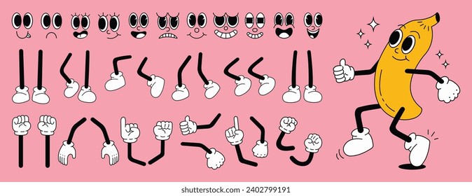 Set of 70s groovy comic faces vector. Collection of cartoon character faces, leg, hand in different emotions happy, angry, sad, cheerful. Cute retro groovy hippie illustration for decorative, sticker