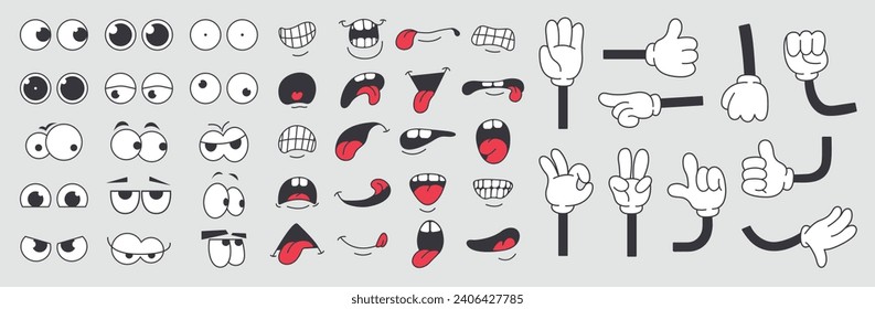 Set of 70s groovy comic faces vector. Collection of cartoon character faces, hand in different emotions happy, angry, sad, cheerful. Cute retro groovy hippie illustration for decorative, sticker