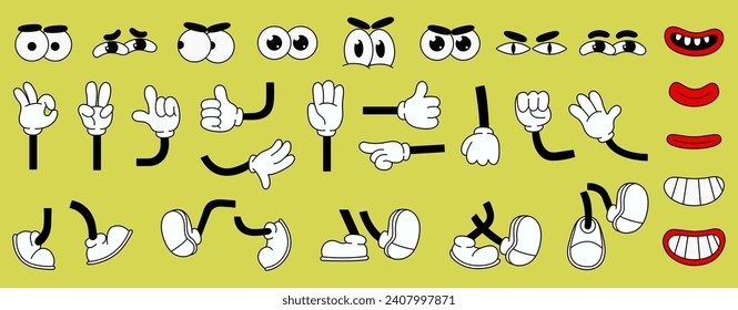 Set of 70s groovy comic faces vector. Collection of cartoon character faces, hand in different emotions happy, angry, sad, cheerful. Cute retro groovy hippie illustration for decorative, sticker