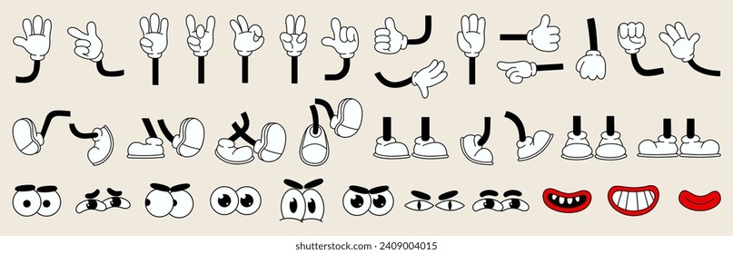 Set of 70s groovy comic faces vector. Collection of cartoon character faces, leg, hand in different emotions happy, angry, sad, cheerful. Cute retro groovy hippie illustration for decorative, sticker