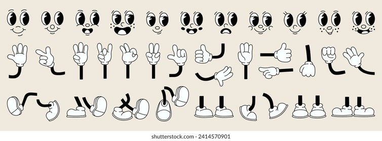 Set of 70s groovy comic faces vector. Collection of cartoon character faces, leg, hand in different emotions happy, angry, sad, cheerful. Cute retro groovy hippie illustration for decorative, sticker