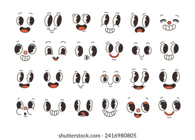Set of 70s groovy comic faces vector. Collection of cartoon character faces, in different emotions. Groovy stickers.