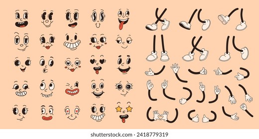 Set of 70s groovy comic faces vector. Collection of cartoon character faces, leg, hand in different emotions happy, angry, sad, cheerful. Cute retro groovy hippie illustration for decorative, sticker.