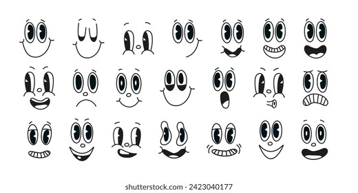 Set of 70s groovy comic faces vector. Collection of cartoon character faces, in different emotions, happy, angry, sad, cheerful. Cute retro groovy hippie illustration for decorative, sticker. 